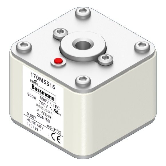 Bussmann. Предохранитель, высокая скорость, 900 A, AC 690 V, size 2, 61 x 77 x 51 мм, aR, IEC, UL, одинарный индикатор - 170M5515
