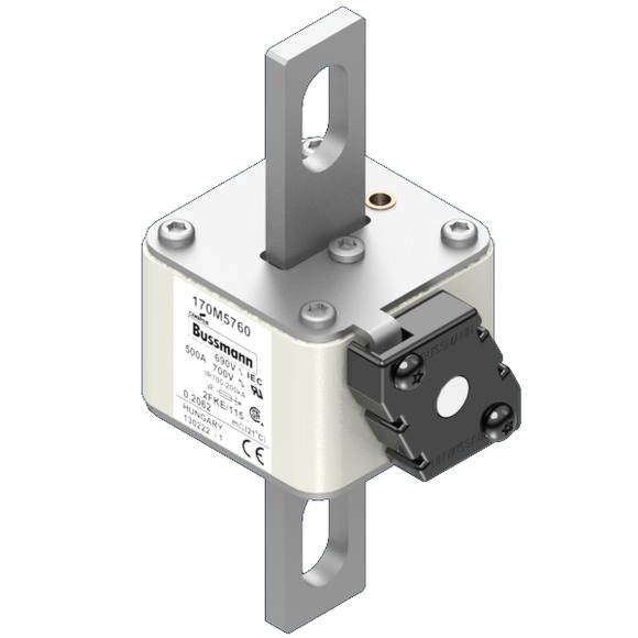 Bussmann. Предохранитель, высокая скорость, 500 A, AC 690 V, size 2, 61 x 77 x 135 мм, aR, IEC, UL, одинарный индикатор - 170M5760