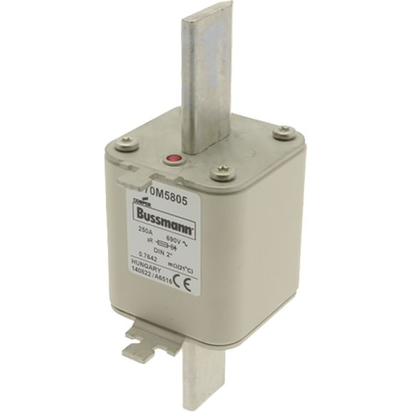Bussmann. Предохранитель, высокая скорость, 250 A, AC 690 V, compact DIN 2, 55 x 71 x 150 мм, aR, DIN, IEC, одинарный индикатор - 170M5805
