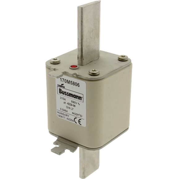 Bussmann. Предохранитель, высокая скорость, 315 A, AC 690 V, compact DIN 2, 55 x 71 x 150 мм, aR, DIN, IEC, одинарный индикатор - 170M5806
