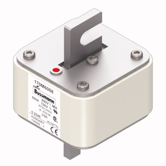 Bussmann. Предохранитель, высокая скорость, 500 A, AC 690 V, DIN 3, 76 x 76 x 109 mm, aR, DIN, IEC, single indicator - 170M6008