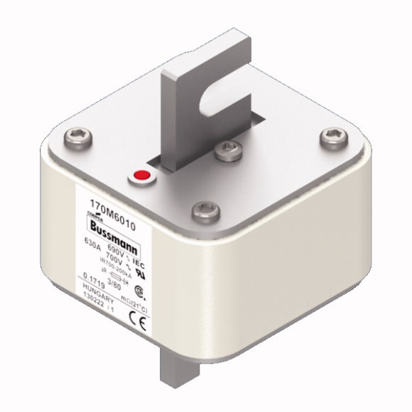 Bussmann. Предохранитель, высокая скорость, 630 A, AC 690 V, DIN 3, 76 x 76 x 109 mm, aR, DIN, IEC, single indicator - 170M6010