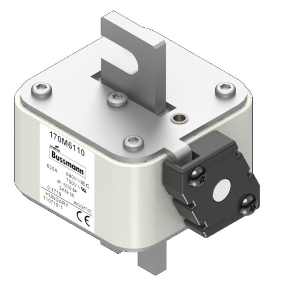 Bussmann. Предохранитель, высокая скорость, 2500 A, AC 380 V, size 3, 70 x 147 x 66 мм, aR, IEC, одинарный индикатор - 170M6102