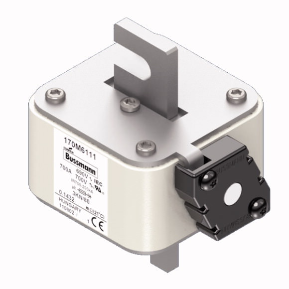 Bussmann. Предохранитель, высокая скорость, 700 A, AC 690 V, DIN 3, 76 x 92 x 109 mm, aR, DIN, IEC, single indicator - 170M6111