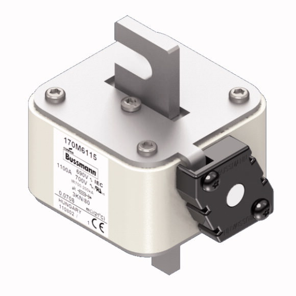 Bussmann. Предохранитель, высокая скорость, 1100 A, AC 690 V, DIN 3, 76 x 92 x 109 mm, aR, DIN, IEC, single indicator - 170M6115