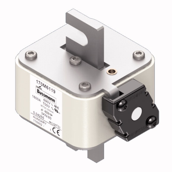 Bussmann. Предохранитель, высокая скорость, 1600 A, AC 690 V, DIN 3, 76 x 92 x 109 mm, aR, DIN, IEC, single indicator - 170M6119