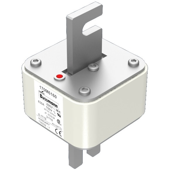 Bussmann. Предохранитель, высокая скорость, 630 A, AC 690 V, DIN 3, 76 x 90 x 139 мм, aR, DIN, IEC, одинарный индикатор - 170M6160
