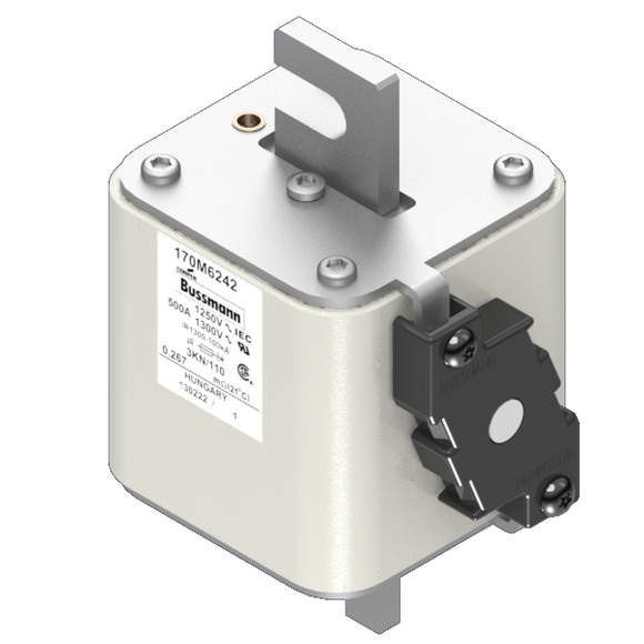 Bussmann. Предохранитель, высокая скорость, 500 A, AC 1250 V, size 3, 76 x 92 x 139 мм, aR, DIN, IEC, одинарный индикатор - 170M6242