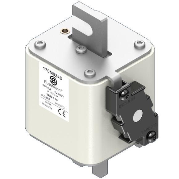 Bussmann. Предохранитель, высокая скорость, 1000 A, AC 1250 V, size 3, 76 x 92 x 139 мм, aR, DIN, IEC, одинарный индикатор - 170M6248