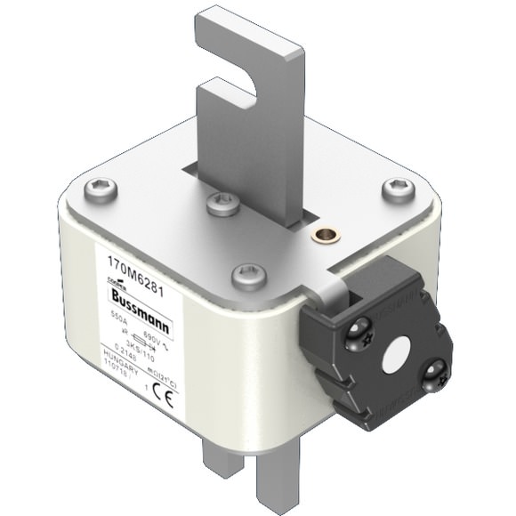 Bussmann. Предохранитель, высокая скорость, 550 A, AC 690 V, size 3, 74 x 92 x 141 мм, aR, IEC, одинарный индикатор - 170M6281