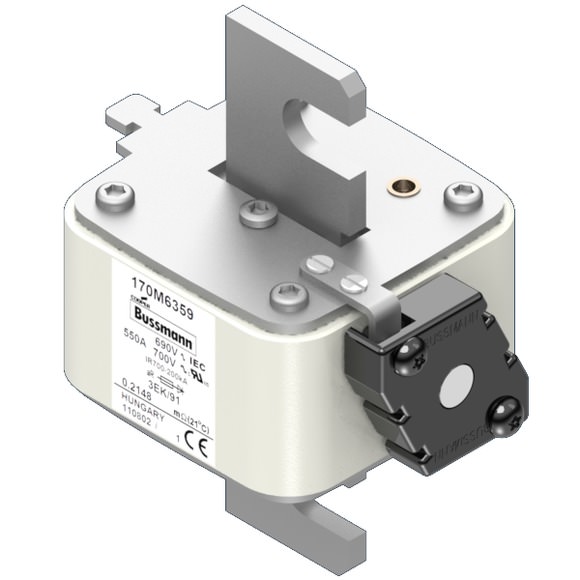 Bussmann. Предохранитель, высокая скорость, 550 A, AC 690 V, size 3, 76 x 92 x 126 мм, aR, IEC, одинарный индикатор - 170M6359