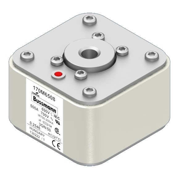 Bussmann. Предохранитель, высокая скорость, 500 A, AC 690 V, size 3, 76 x 92 x 53 мм, aR, IEC, UL, одинарный индикатор - 170M6508