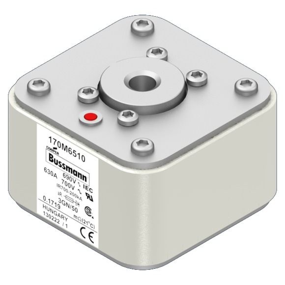Bussmann. Предохранитель, высокая скорость, 630 A, AC 690 V, size 3, 76 x 92 x 53 мм, aR, IEC, UL, одинарный индикатор - 170M6510