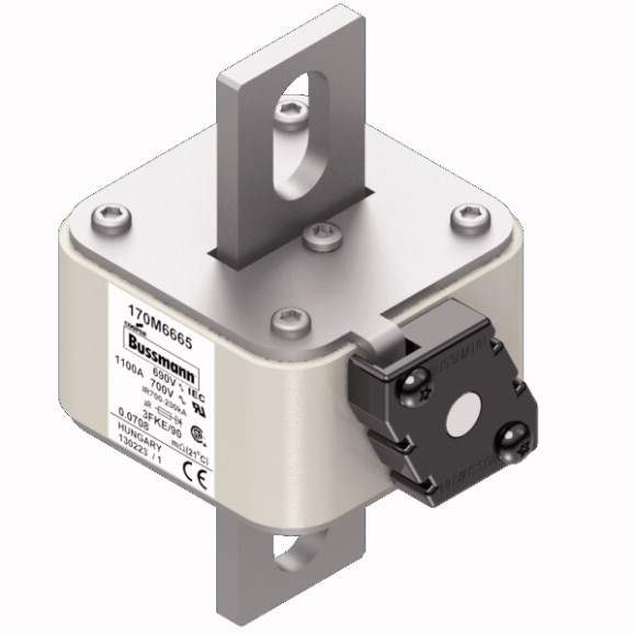 Bussmann. Предохранитель, высокая скорость, 1100 A, AC 690 V, size 3, 76 x 92 x 135 mm, aR, IEC, UL, single indicator - 170M6665