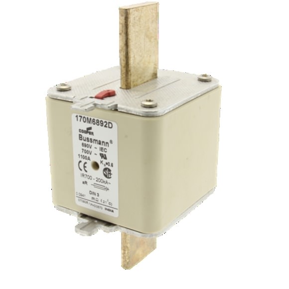 Bussmann. Предохранитель, высокая скорость, 1100 A, перем. ток 690 В, DIN 3, aR, DIN, IEC, двойной индикатор, токоведущие зажимные язычки - 170M6892D