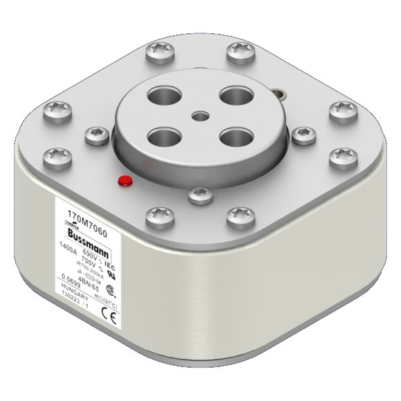 Bussmann. Предохранитель, высокая скорость, 1400 A, AC 690 V, size 4, 67 x 105 x 105 мм, aR, IEC, одинарный индикатор - 170M7060