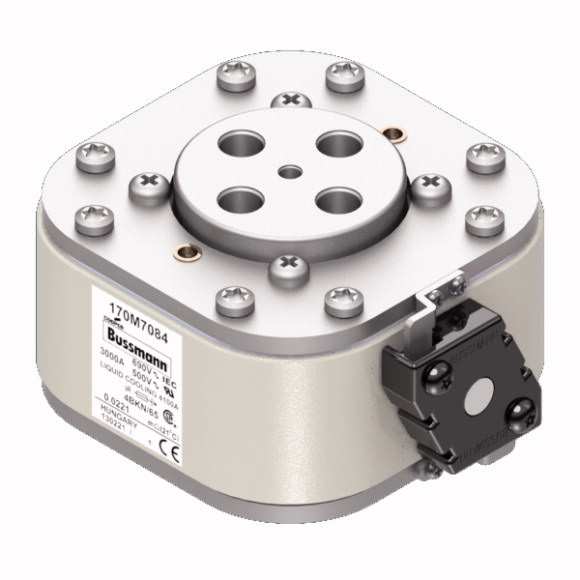 Bussmann. Предохранитель, высокая скорость, 3000 A, AC 690 V, size 4, 105 x 120 x 67 mm, aR, IEC, UL, single indicator - 170M7084