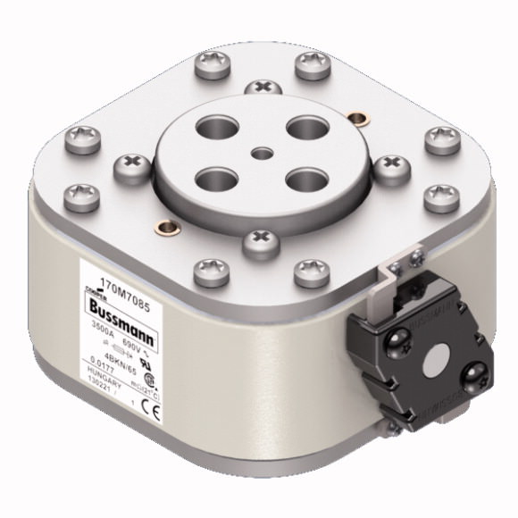 Bussmann. Предохранитель, высокая скорость, 3500 A, AC 690 V, size 4, 105 x 120 x 67 mm, aR, IEC, UL, single indicator - 170M7085