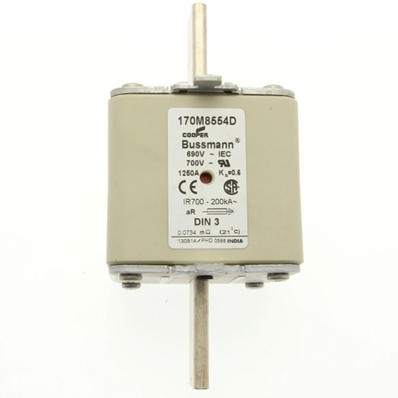 Bussmann. Предохранитель, высокая скорость, 1250 A, перем. ток 690 В, DIN 3, aR, DIN, IEC, двойной индикатор, токоведущие зажимные язычки - 170M8554D