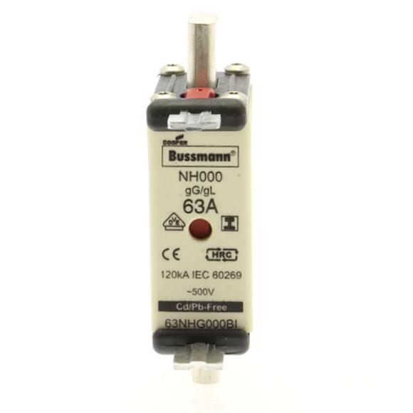 Bussmann. Предохранитель, LV, 63 A, перем. ток 500 В, NH000, gL/gG, IEC, двойной индикатор, изолированные зажимные язычки - 63NHG000BI