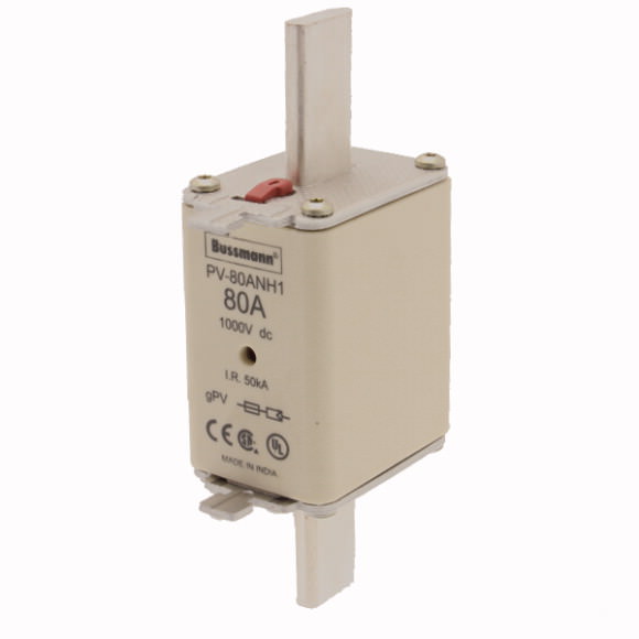 Bussmann. Предохранитель, высокая скорость, 80 A, DC 1000 V, NH1, gPV, UL PV, UL, IEC, dual indicator - PV-80ANH1