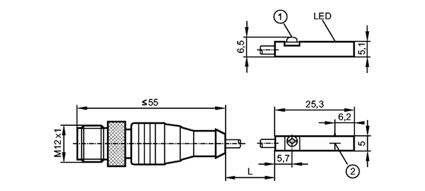 1: Крепежный фланец<br/>2: Чувствительная поверхность датчика 