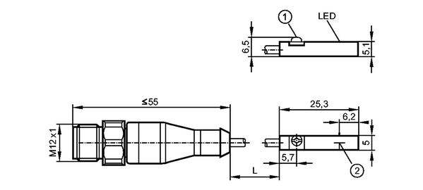 1: Крепежный фланец<br/>2: Чувствительная поверхность датчика 