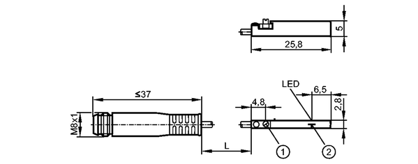 1: Крепежный фланец<br/>2: Чувствительная поверхность датчика