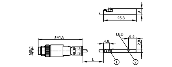 1: Крепежный фланец<br/>2: Чувствительная поверхность датчика