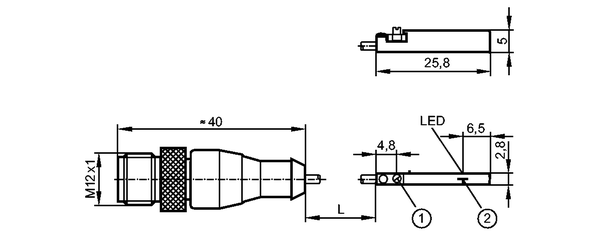 1: Крепежный фланец<br/>2: Чувствительная поверхность датчика