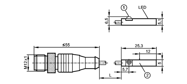 1: Крепежный фланец<br/>2: Чувствительная поверхность датчика