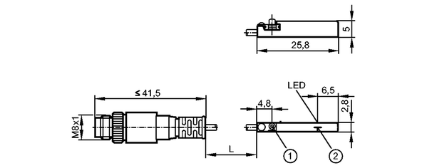 1: Крепежный фланец<br/>2: Чувствительная поверхность датчика