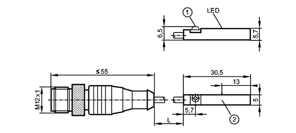 1: Зажимной винт с потайной головкой со шлицем / шестигранной головкой SW 1,5<br/>2: Чувствительная поверхность датчика