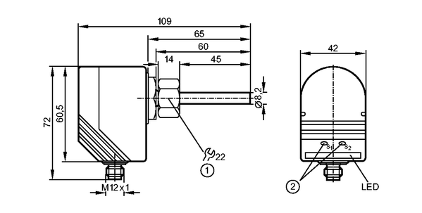 1: внутренняя резьба M18 x 1,5<br/>2: кнопки для настройки 