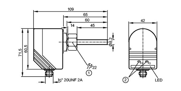 1: внутренняя резьба M18 x 1,5<br/>2: кнопки для настройки 