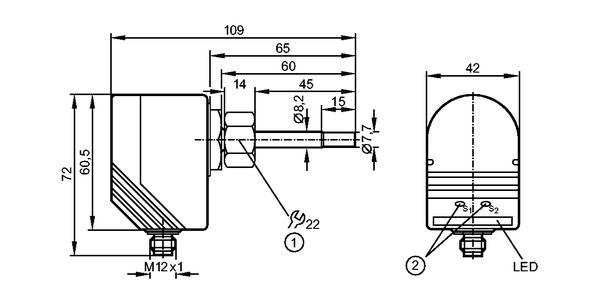 1: внутренняя резьба M18 x 1,5<br/>2: кнопки для настройки 