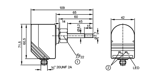 1: внутренняя резьба M18 x 1,5<br/>2: кнопки для настройки 