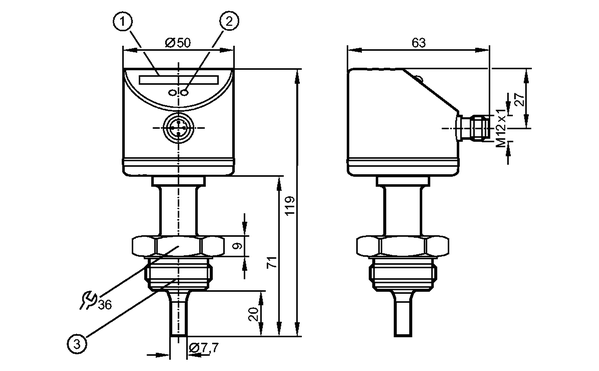 1: Светодиодный дисплей<br/>2: Кнопка настройки<br/>3: Резьба ASEPTOFLEX     