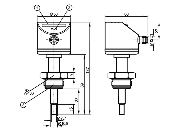 1: Светодиодный дисплей<br/>2: Кнопка настройки<br/>3: Резьба ASEPTOFLEX     