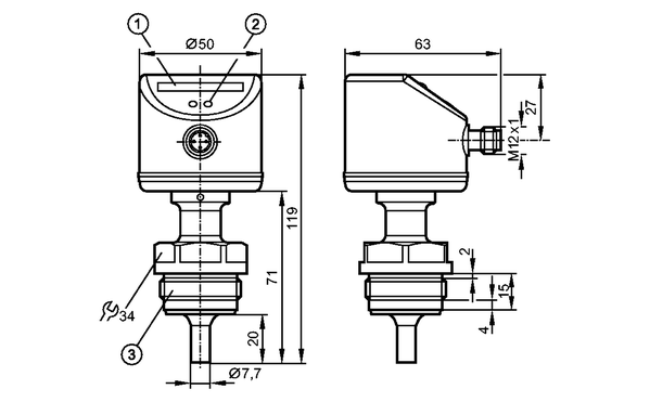 1: Светодиодный дисплей<br/>2: Кнопка настройки<br/>3: Резьба G1/Aseptoflex Vario      