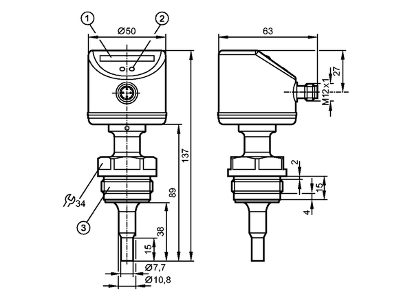 1: Светодиодный дисплей<br/>2: Кнопка настройки<br/>3: Резьба G1/Aseptoflex Vario     