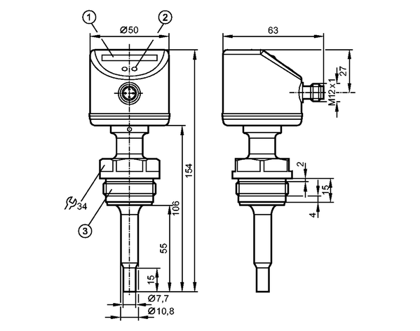 1: Светодиодный дисплей<br/>2: Кнопка настройки<br/>3: Резьба G1/Aseptoflex Vario      