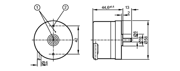 1: Реперная метка<br/>2: Резьба M3 на глубину 5 мм 