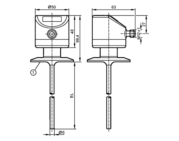 1: 2" clamp (ISO 2852)<br/>EL = Монтажная длина      Made in USA