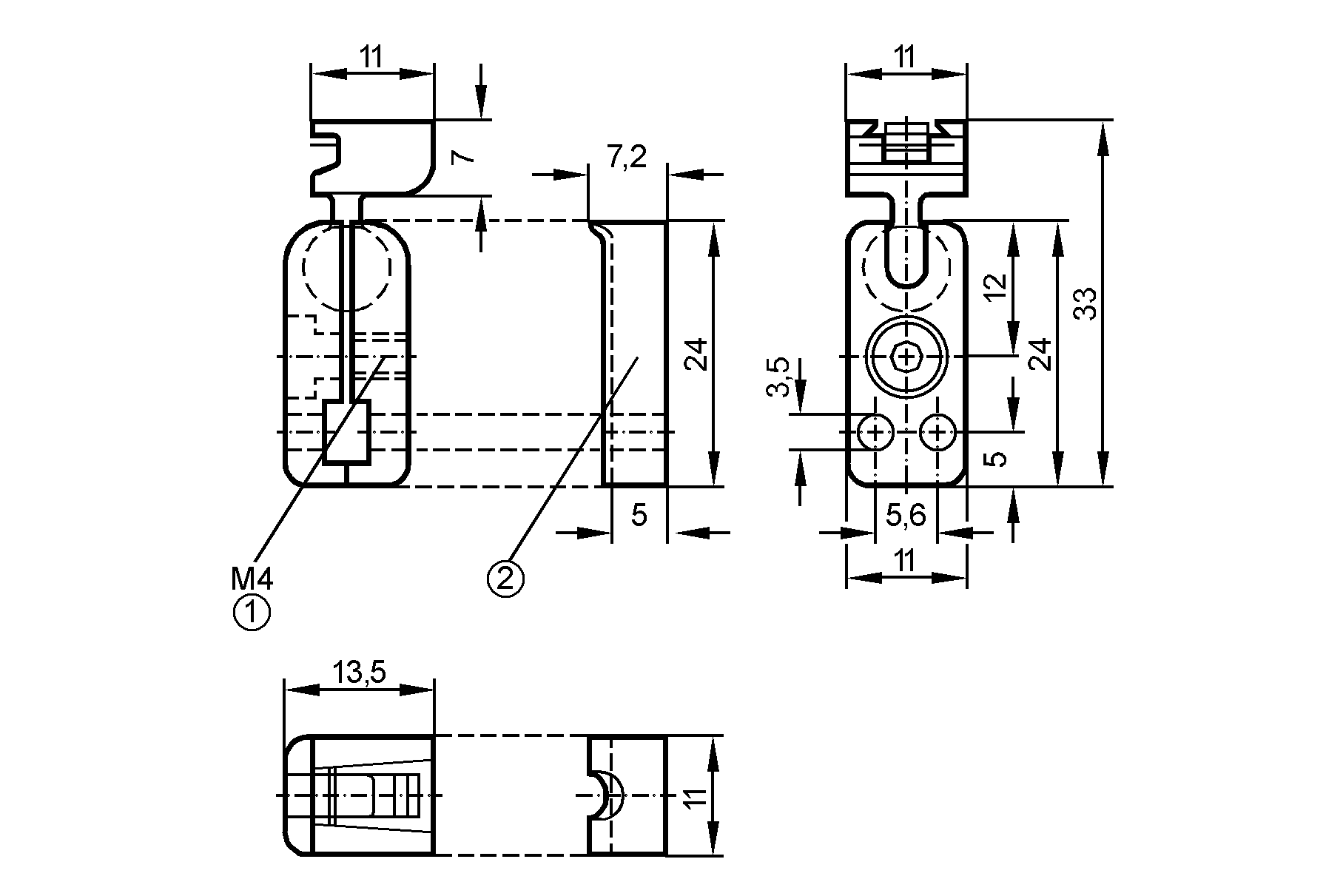 1: Макс.момент затяжки 3 Нм для винта M4<br/>2: Распорная деталь