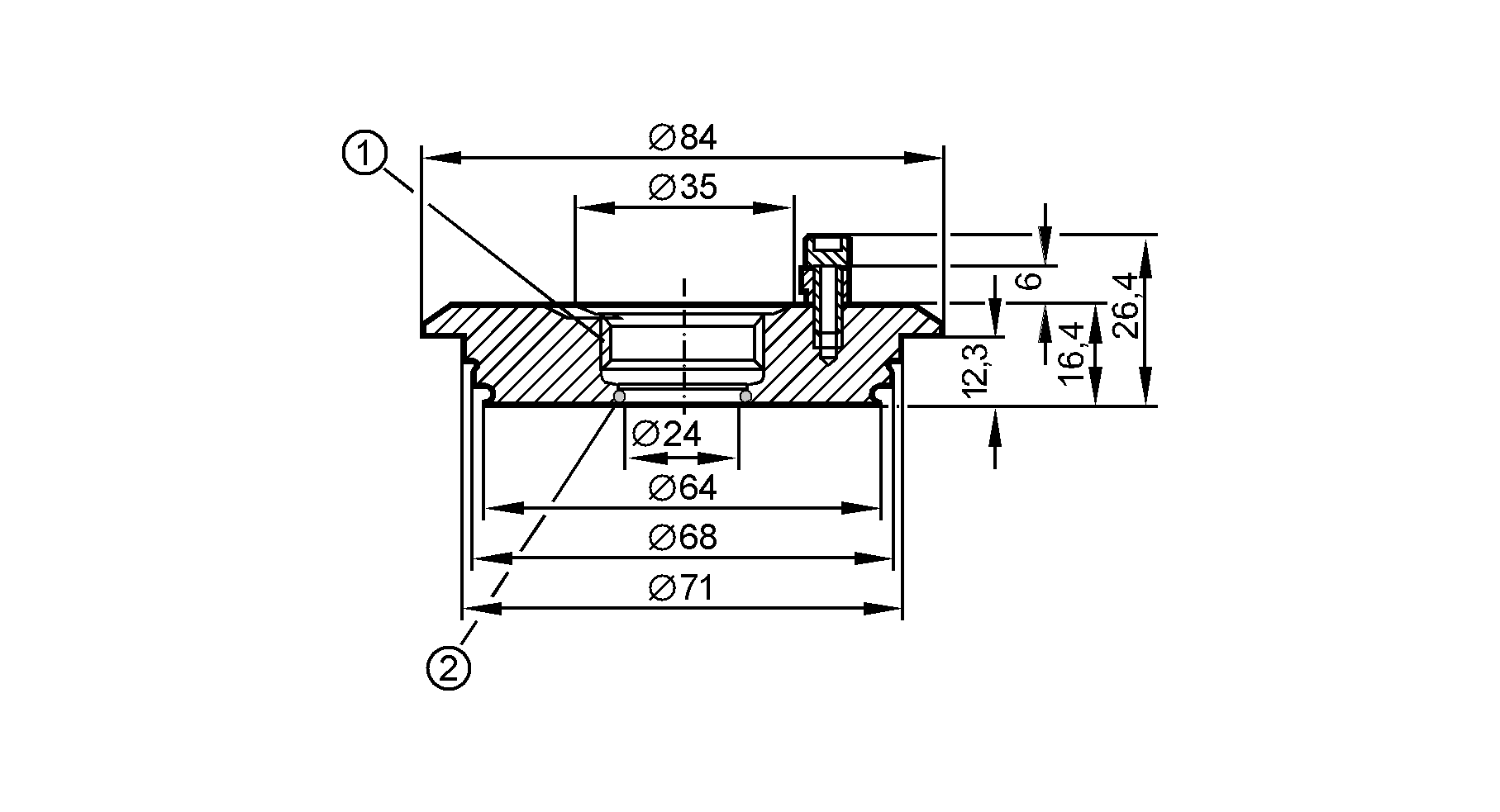 1: Резьба ASEPTOFLEX<br/>2: Уплотнение