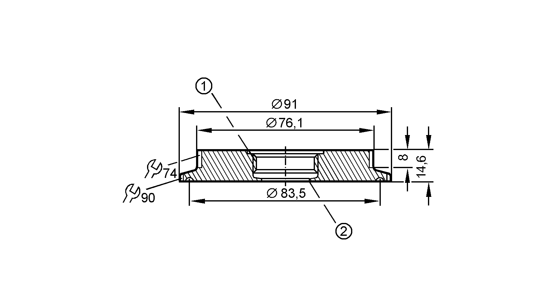 1: Резьба ASEPTOFLEX<br/>2: Кромка уплотнения Aseptoflex 