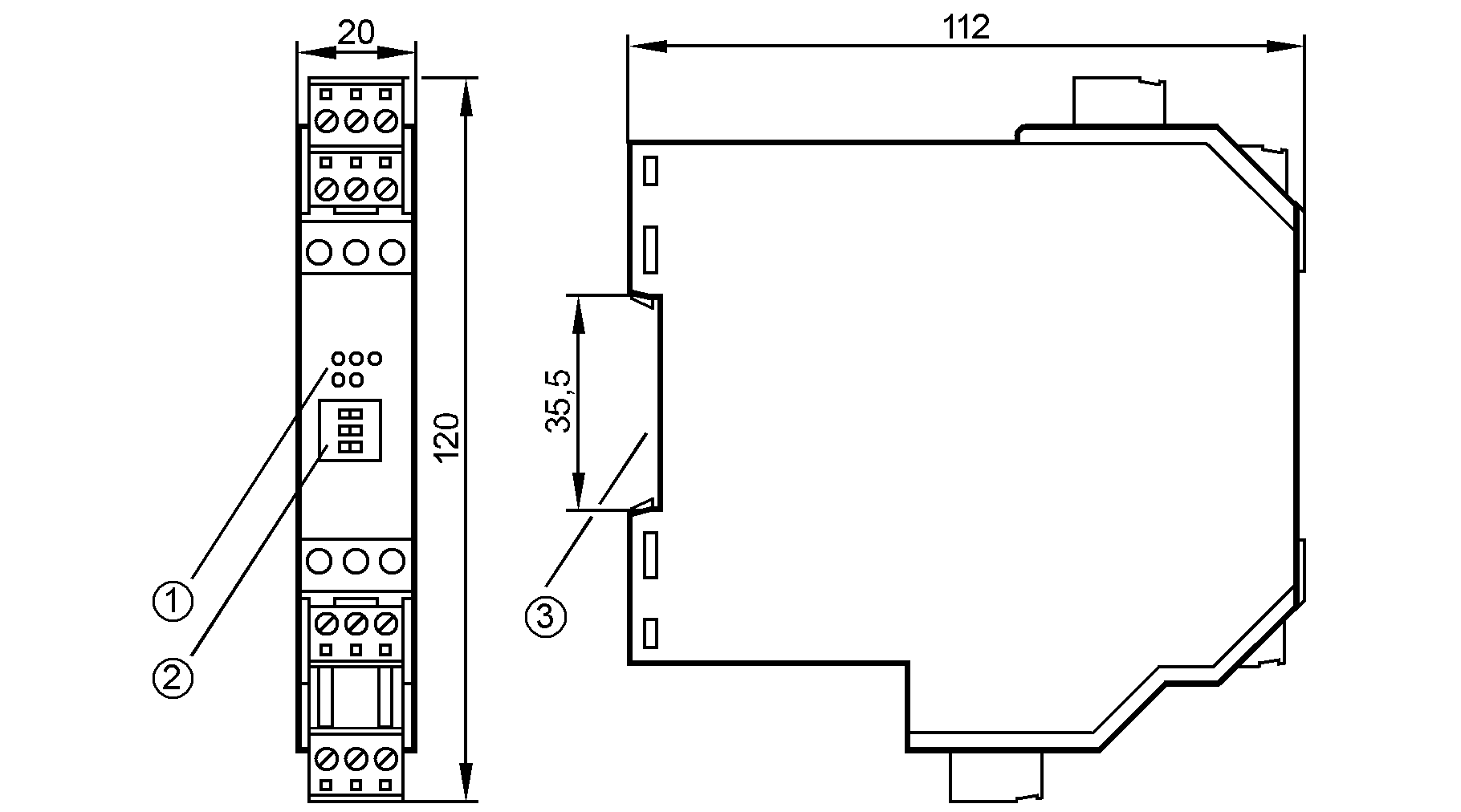 1: светодиод<br/>2: переключатель<br/>3: Установка на DIN-рейке