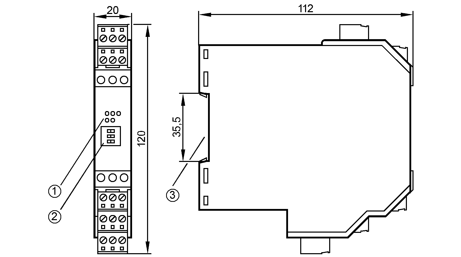 1: светодиод<br/>2: переключатель<br/>3: Установка на DIN-рейке