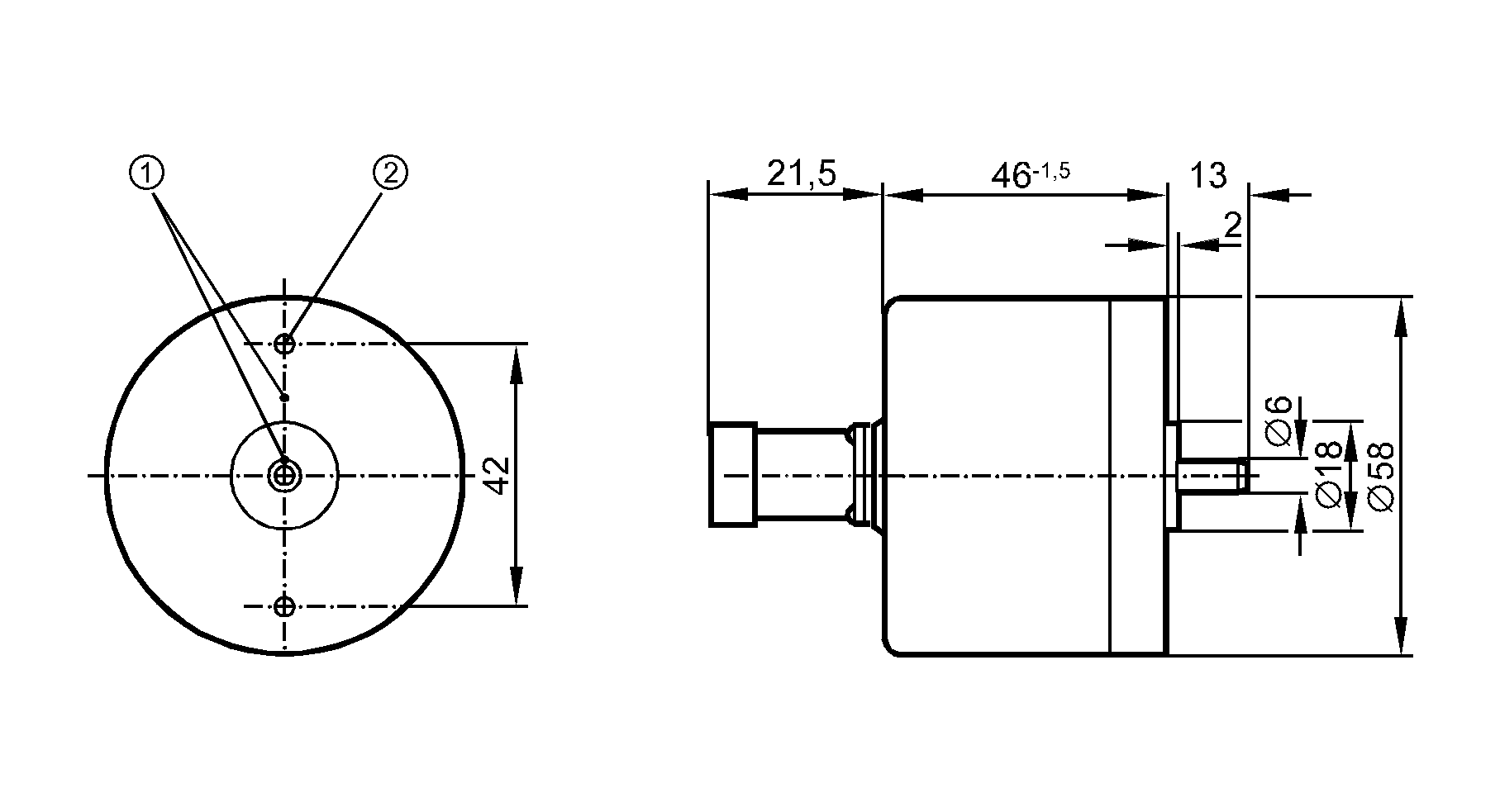 1: Реперная метка<br/>2: Резьба M3 на глубину 5 мм 